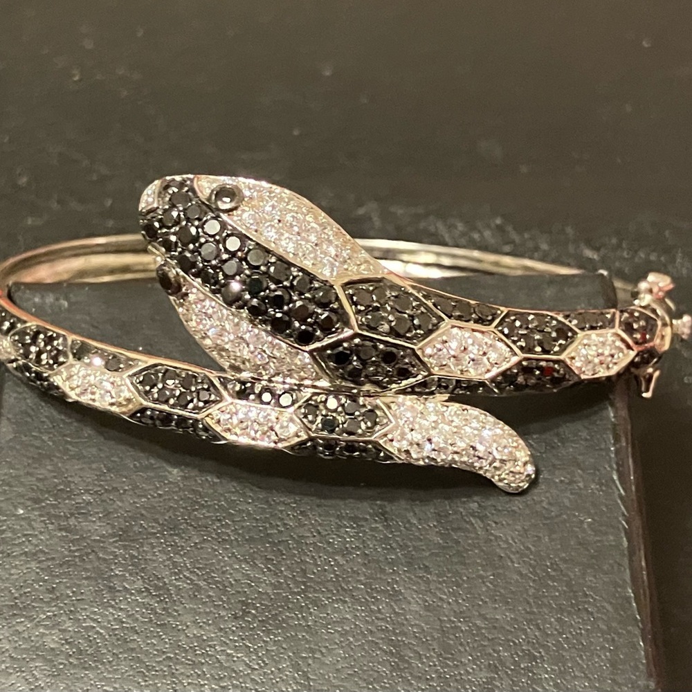 Sterling Silver Cuff Bracelet Snake Hinged Bangle Pave Black White Serpent Cobra